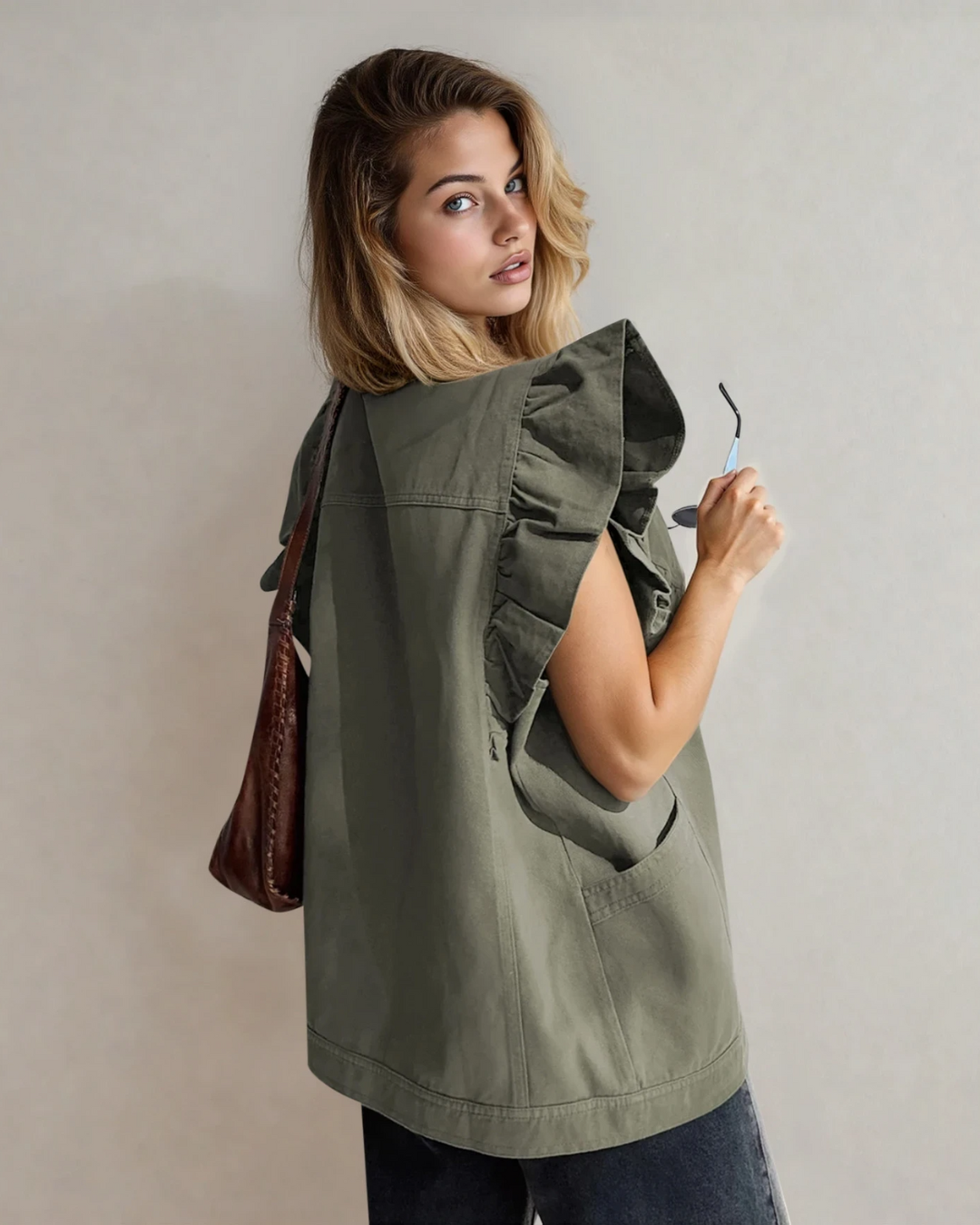 Margot Ruffle Plain Denim Jacket Vest - Green