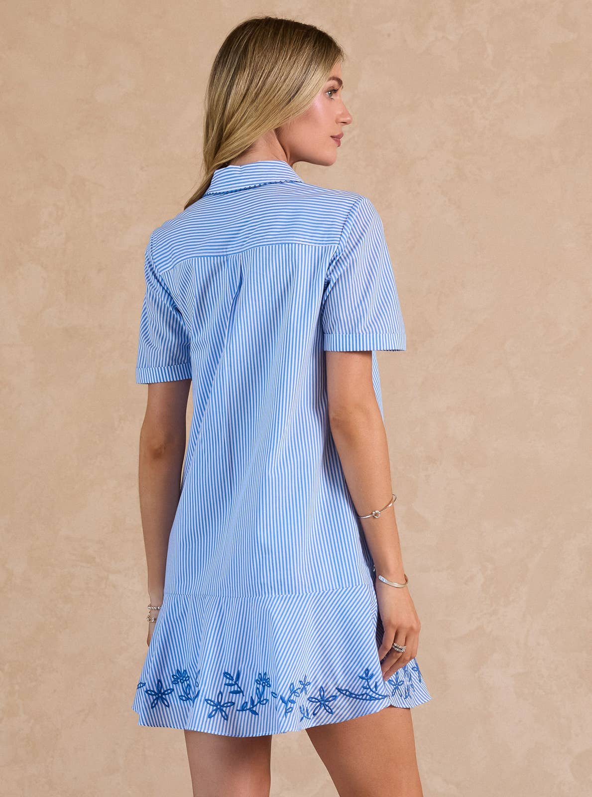 Striped Embroidered Mini Shirt Dress