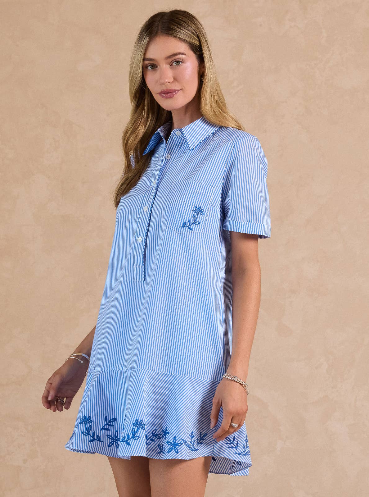 Striped Embroidered Mini Shirt Dress
