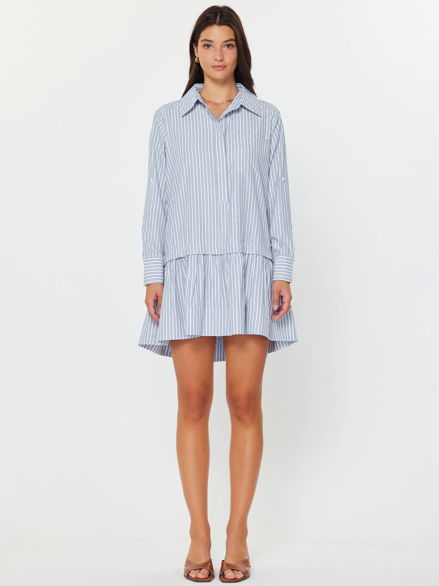 Pinstriped Rhinestone Mini Shirt Dress