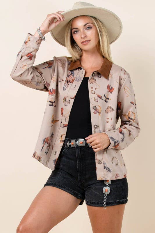 AT1317-ERICA WESTERN ELEMENTS PRINT COLLARED BARN JACKET