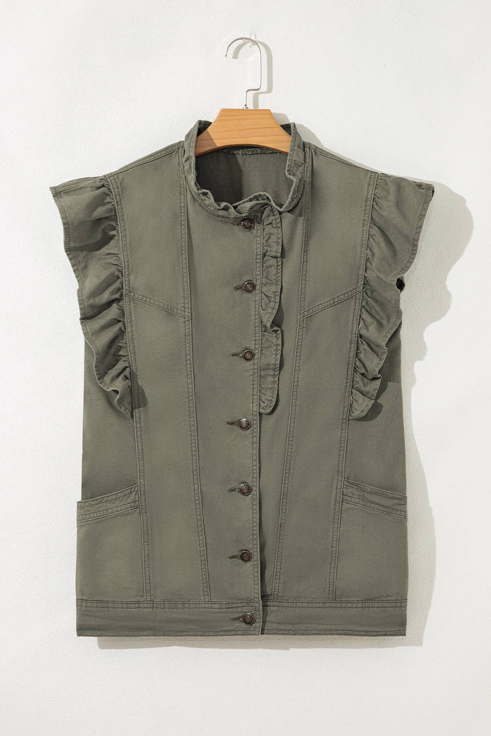 Margot Ruffle Plain Denim Jacket Vest - Green
