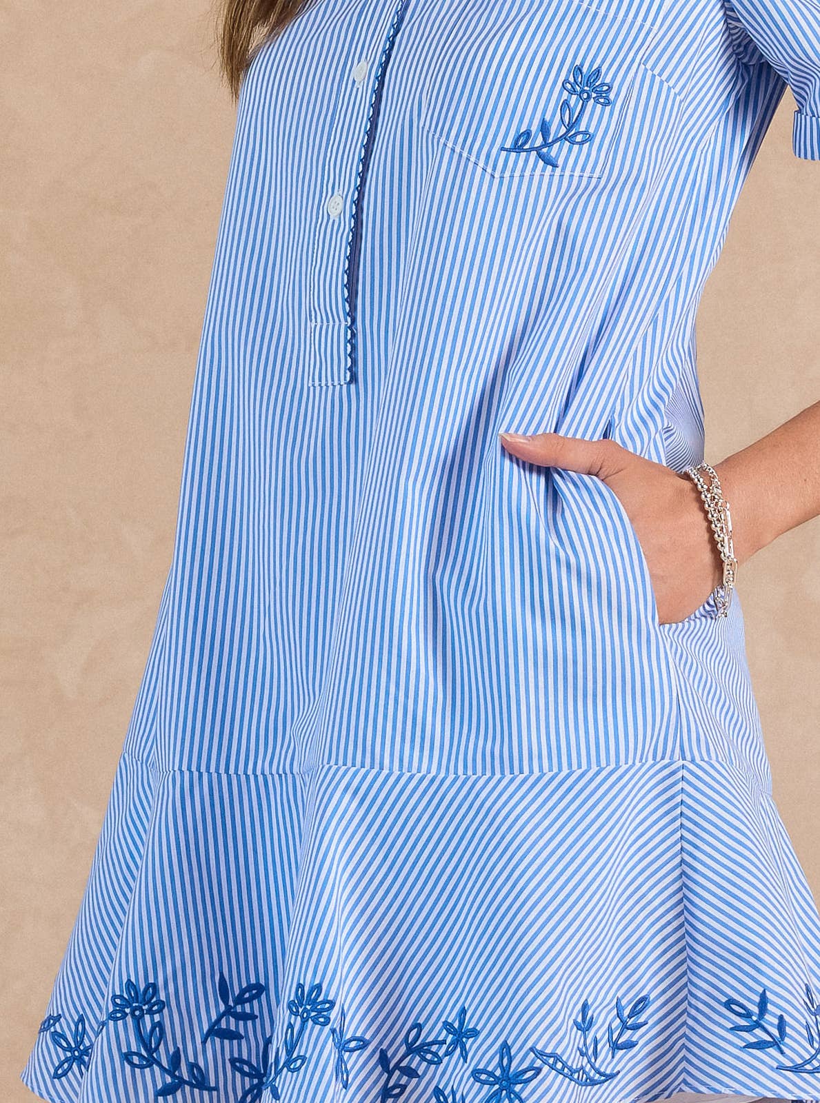 Striped Embroidered Mini Shirt Dress