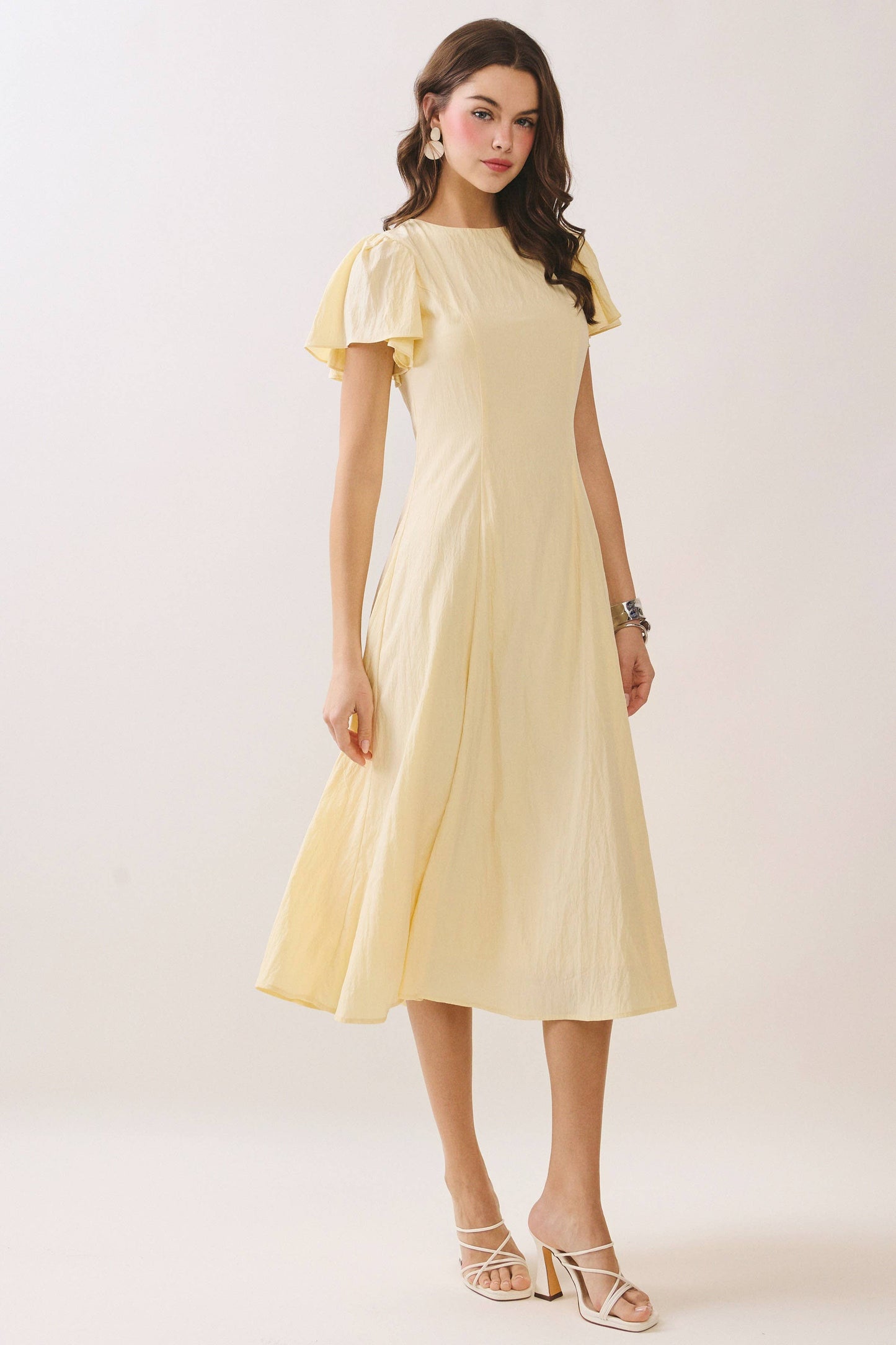Flutter Short Sleeves Flowy Hem Midi Dress