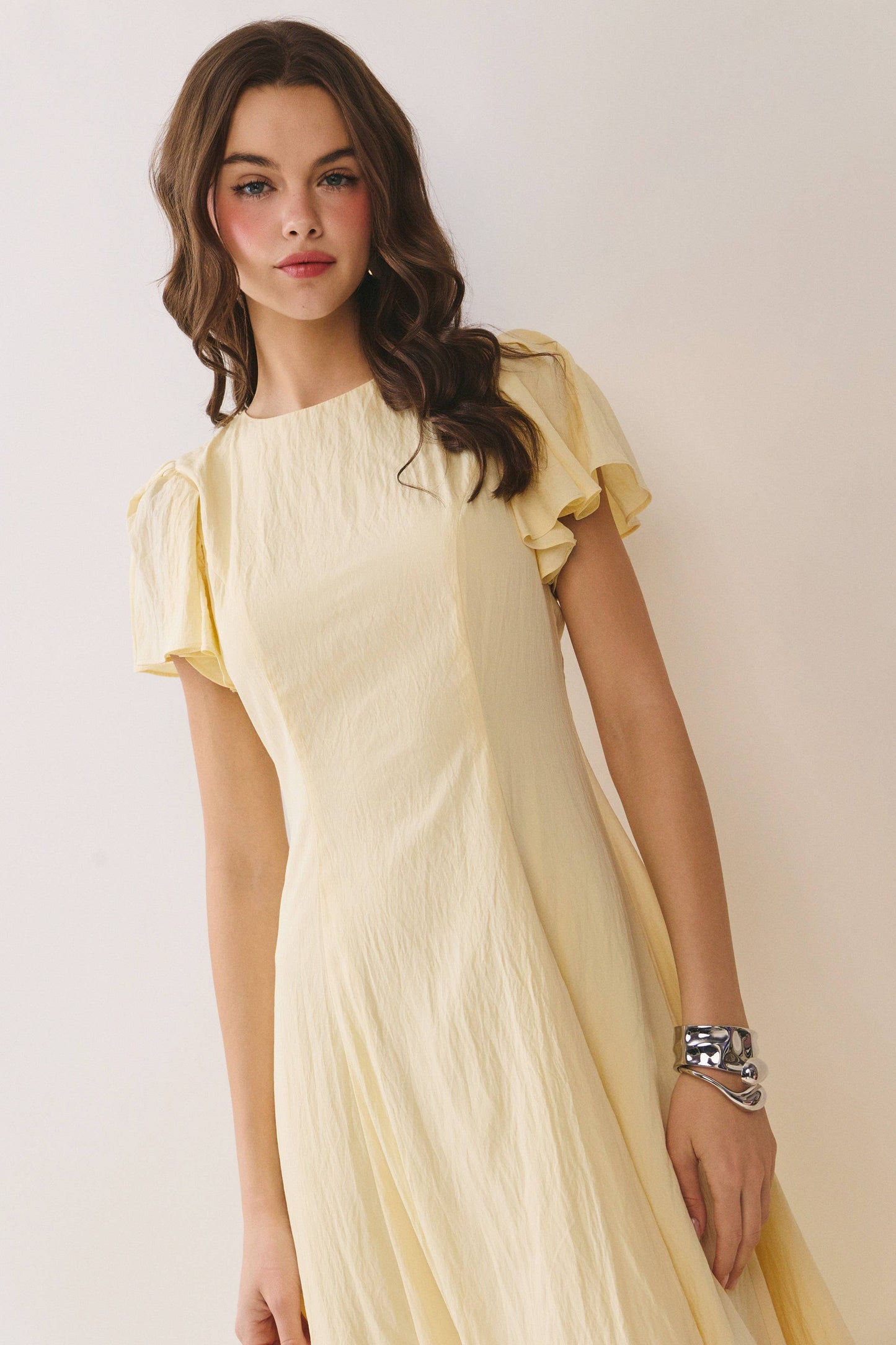 Flutter Short Sleeves Flowy Hem Midi Dress