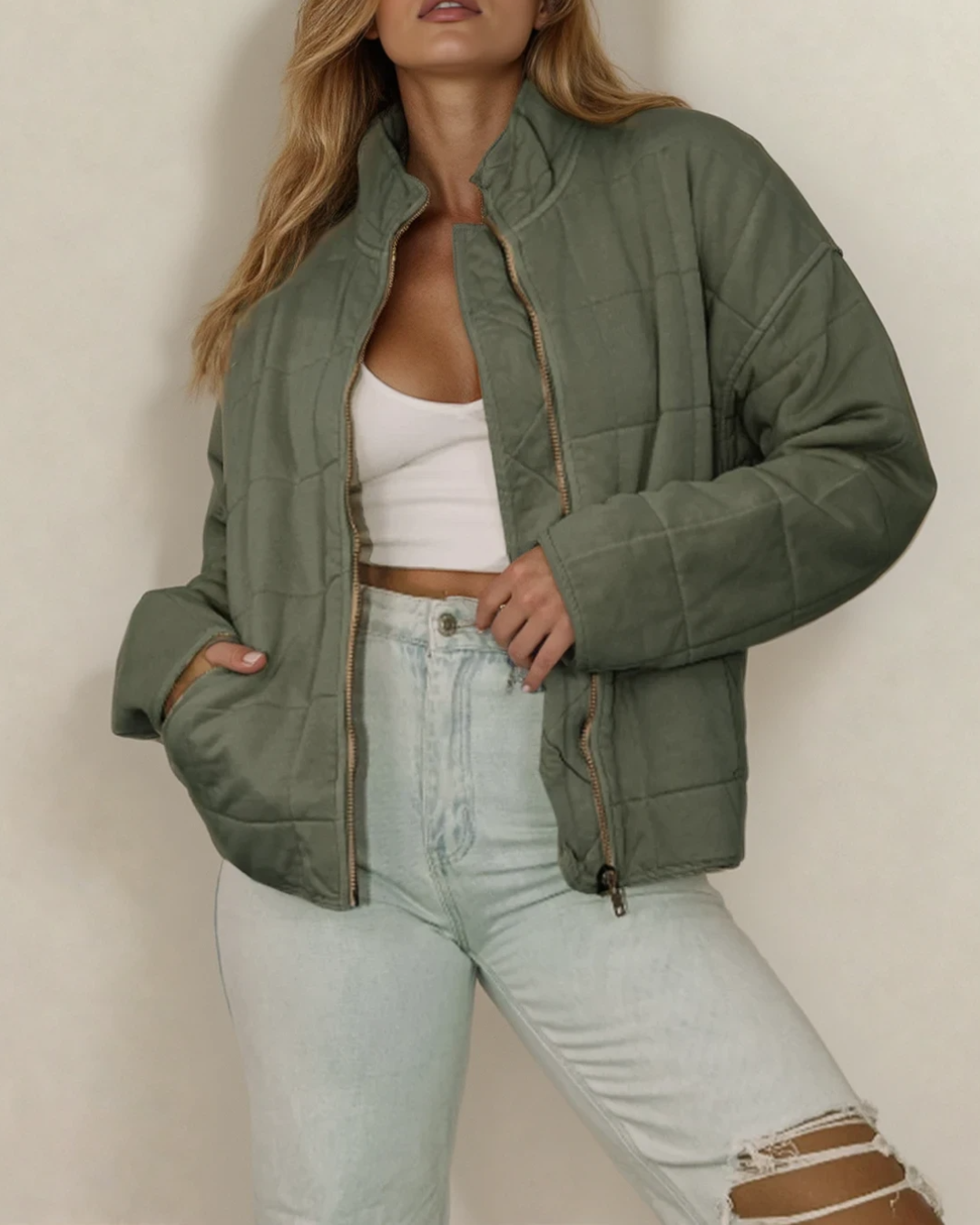 Georgie Zip-Up Pocket Quilted Jacket - Green