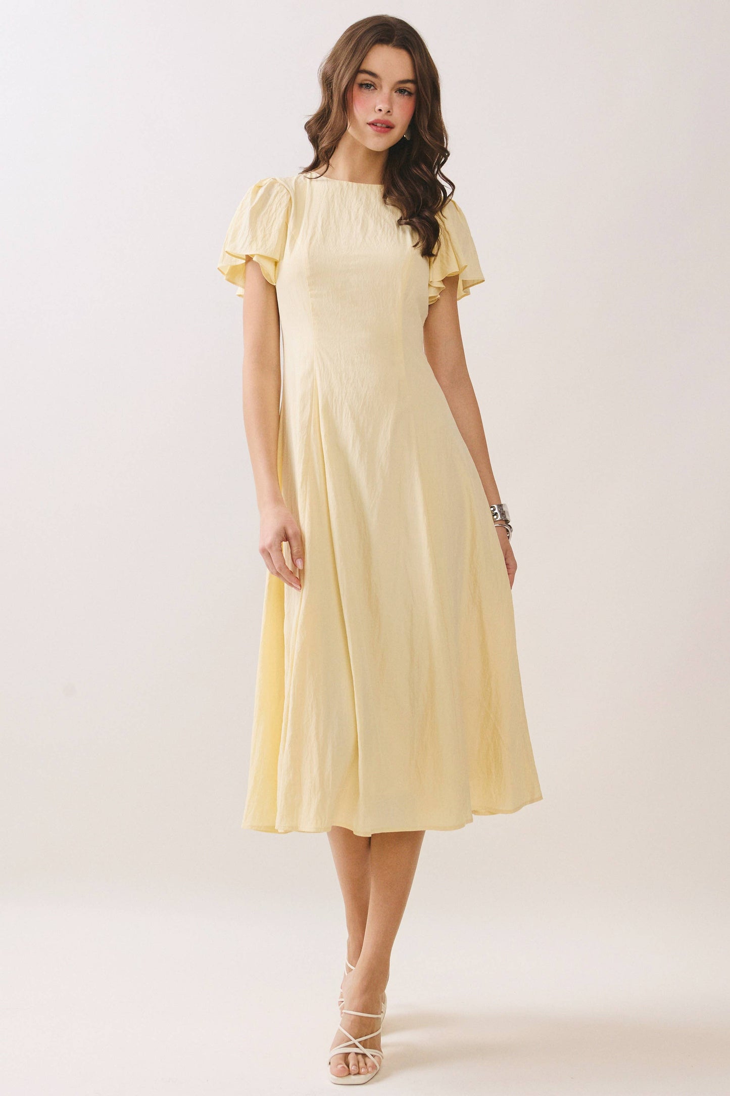 Flutter Short Sleeves Flowy Hem Midi Dress